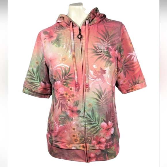 Green Tea Tropical Floral Rhinestone short sleeve hoodie size XL - Picture 1 of 9